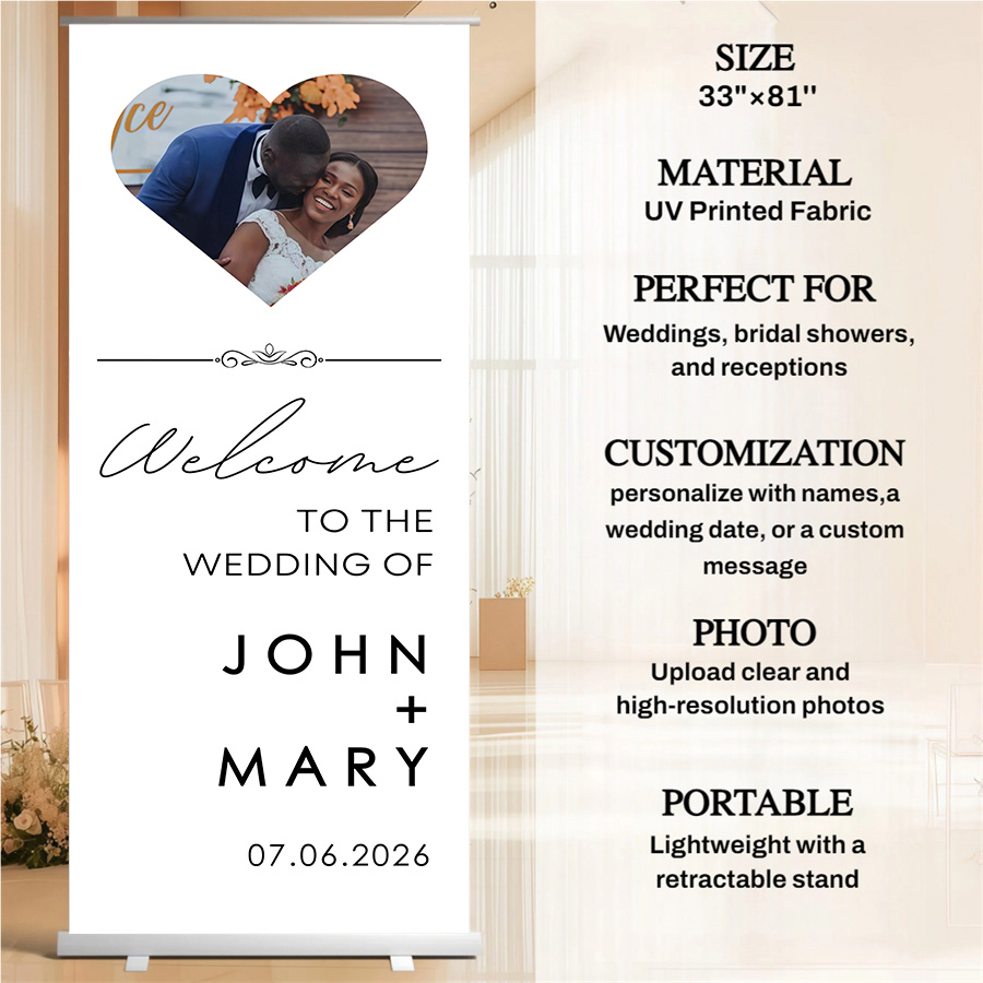 Customized wedding retractable banners - personalized photo wedding welcome signs, reception decorations and background curtains